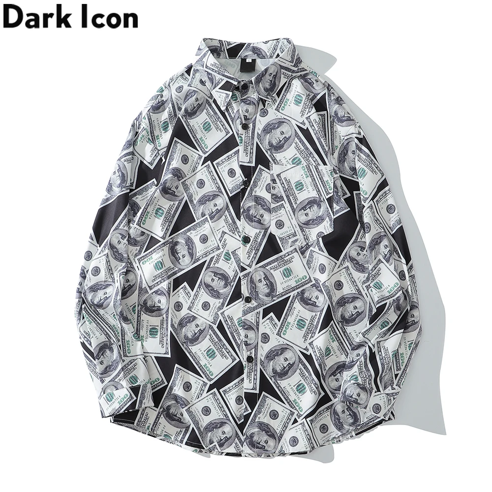 Dark Icon US Dollar Full Printed Shirts Men Turn-down Collar Casual Men\'s Shirt Logn Sleeve Man Clothing