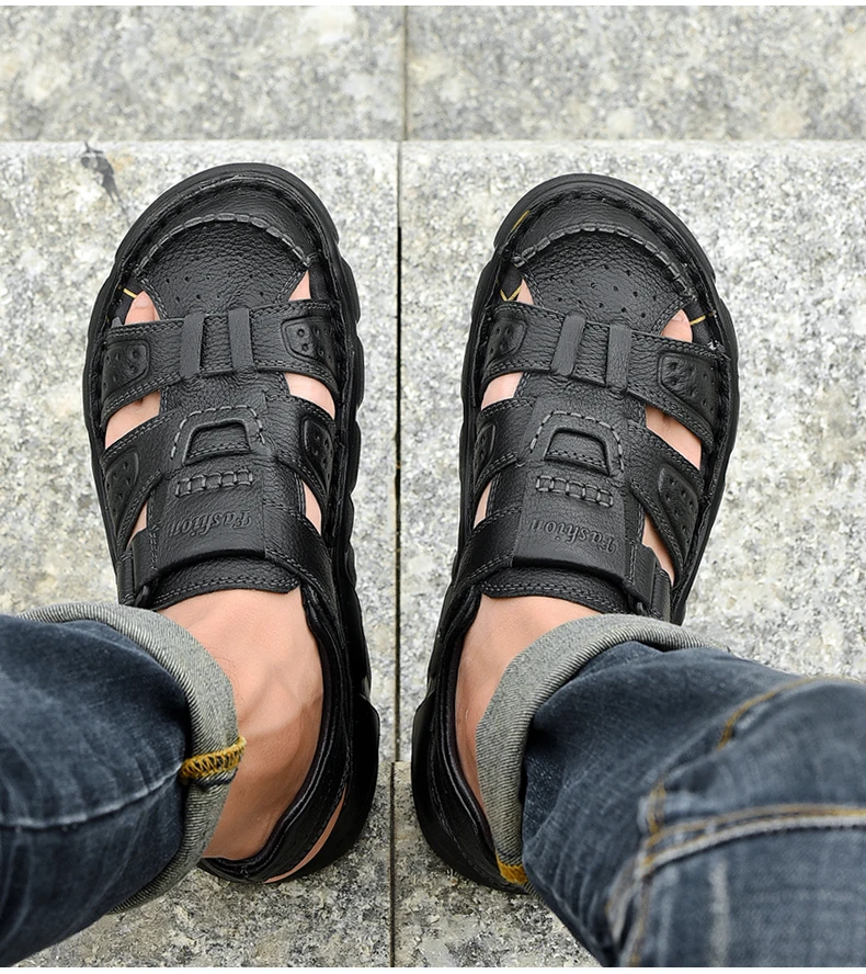 Echt leder Freizeit schuhe für Männer hochwertige klassische Herren Sandalen Sommer Outdoor Walking Herren Turnschuhe atmungsaktive Herren Sandalen – Detail 21