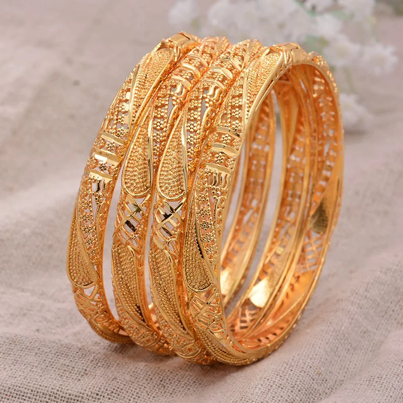 24k 4Pcs/lot Ethiopian Africa  Gold Color Bangles for Women Dubai Bride Bracelet African Wedding Jewelry Middle East Items