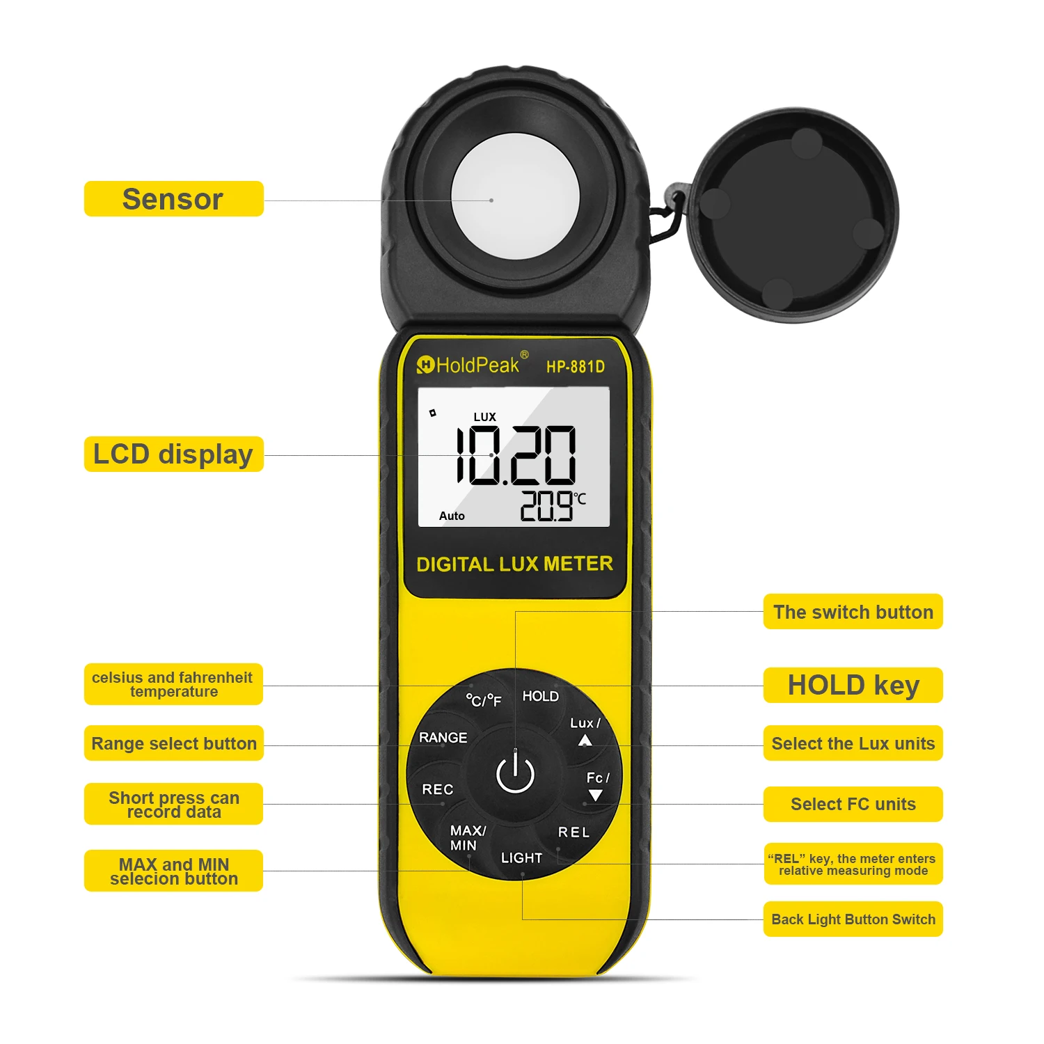 

Фотометр HoldPeak HP-881D Meter 400000 LUX Digital Luxmeter Luminance Lux Fc Test Max Min ручной тип Подсветки фотометр