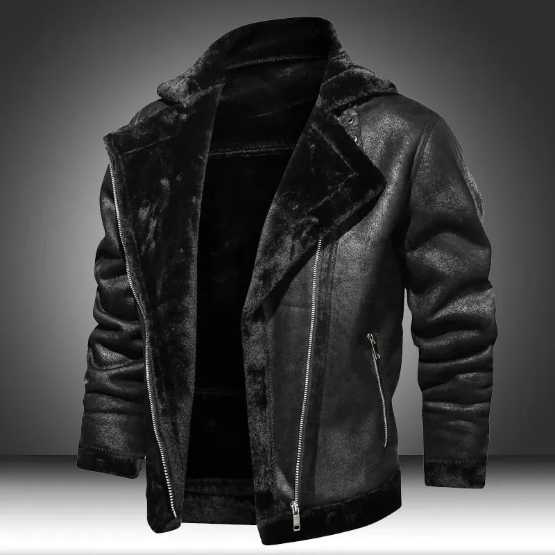 Men\'s Winter Fleece Motorcycle Leather Jacket Plus Velvet Thick Retro Vintage Leisure Male Outwear Warm Cashmere Inner Coats