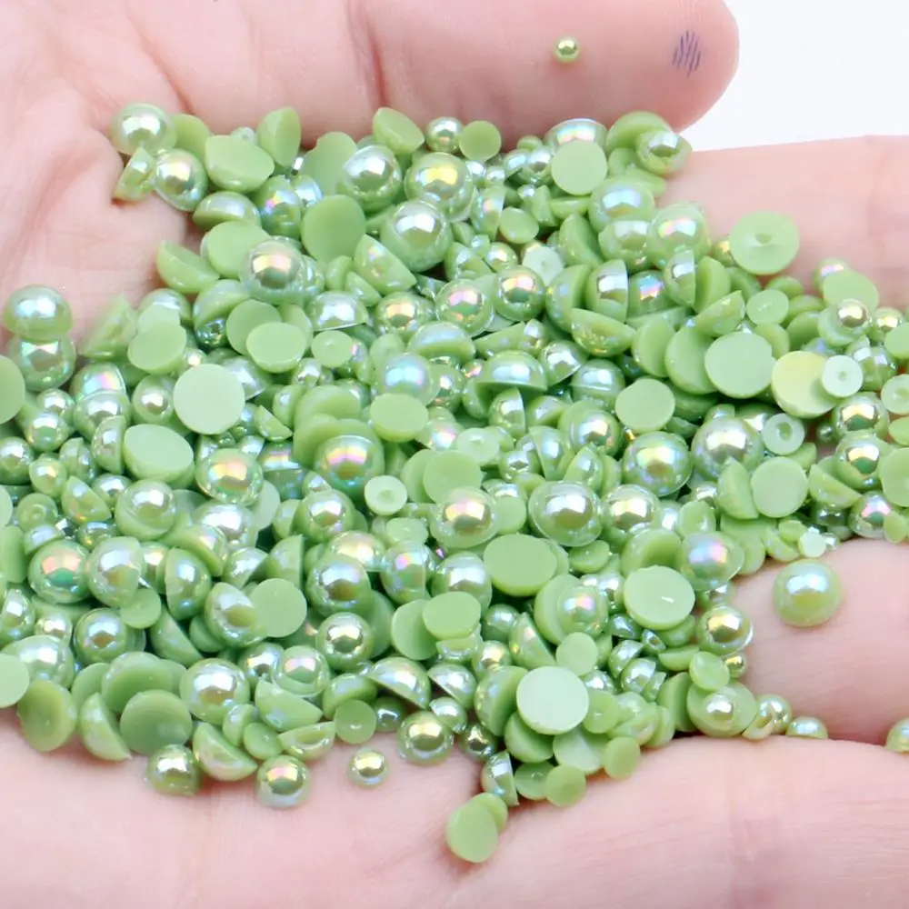 

Resin Half Round Pearls Grass Green AB 2-12mm And Mixed Sizes Non Hotfix Glue On Beads For 3D Nail Art DIY Decoration