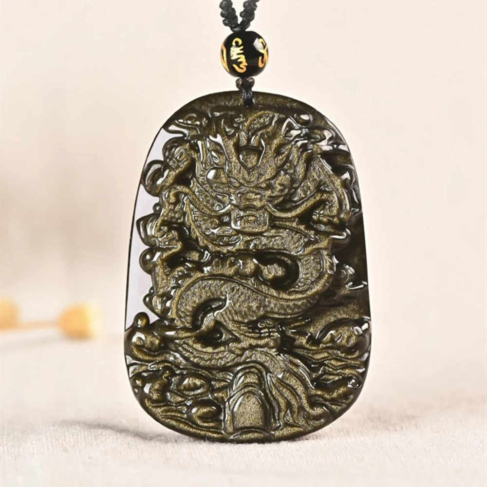 Natural Golden Obsidian Chinese Dragon Necklace Pendant Hand-carved Golden Dragon Gemstone Necklace Men's Lucky Amulet Pendant