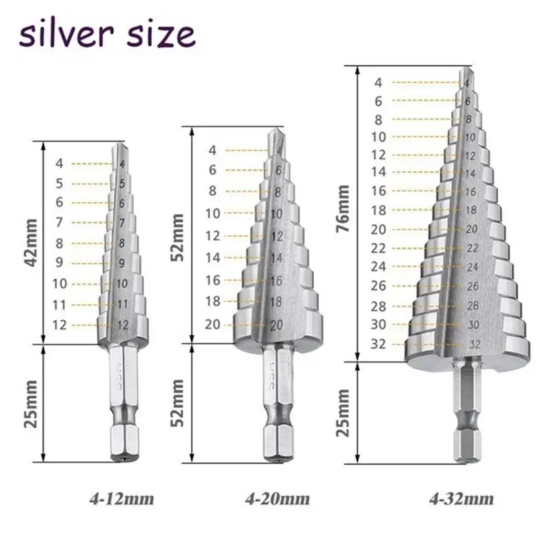 3pcs Silver Step Drill Bit Hss  Step Cone Metal Hole Cutter  Hex Tapered Drill  Power Tools Accessories 4-12/20/32mm