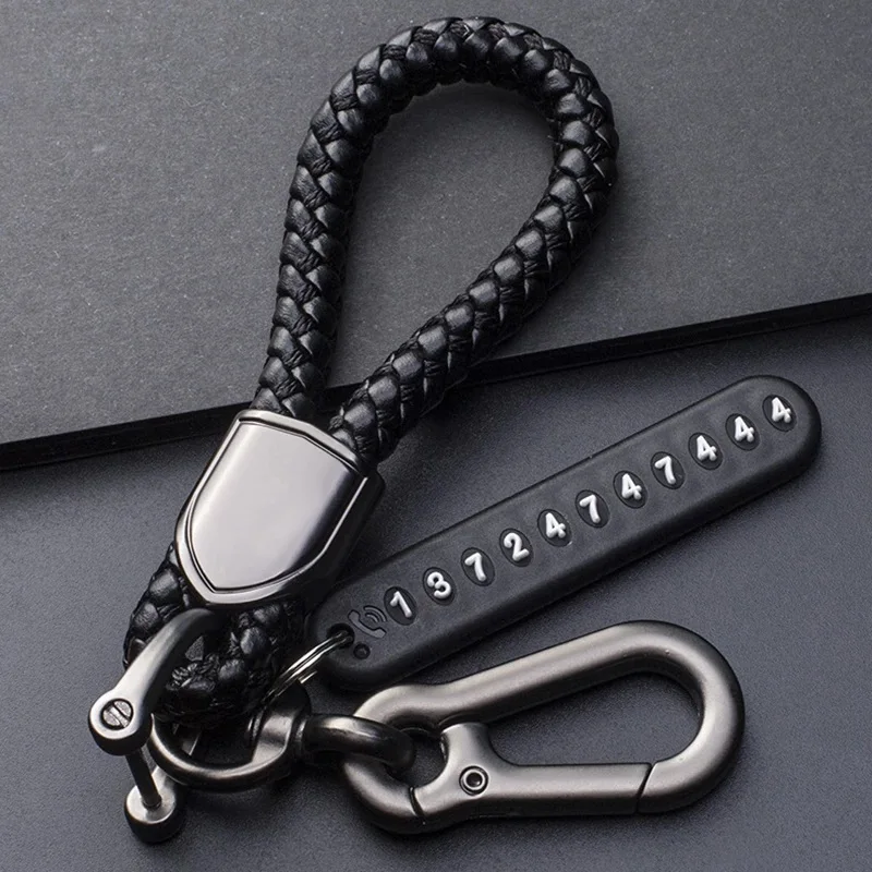 Anti-lost Car Keychain Phone Number Card Keyring Leather Bradied Rope Auto Vehicle Key Chain Holder Accessories Gift for Husband