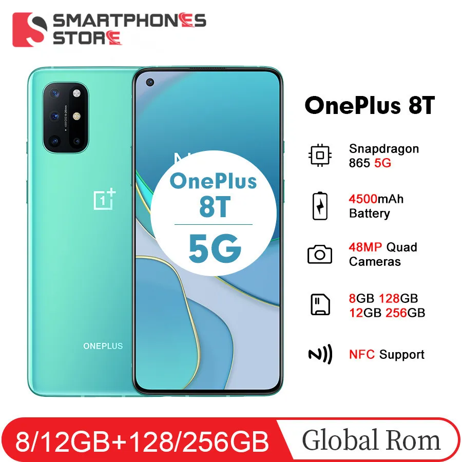 Teléfono Inteligente OnePlus 8 T 8 T, Rom Global, Pantalla AMOLED fluida de 6,55 pulgadas, 120Hz, Snarpdragon 865, 5G, batería de 4500mAh, carga