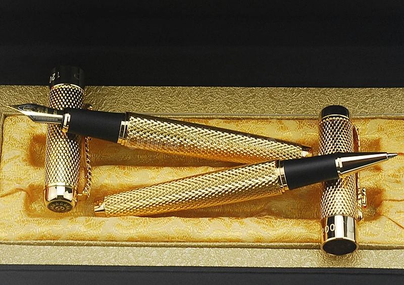 Jinhao 1200 Vintage Fountain Pen & Roller Ball Pen Exquisite Ripple With Dragon Clip, Golden Metal Carving With Gift Box Set