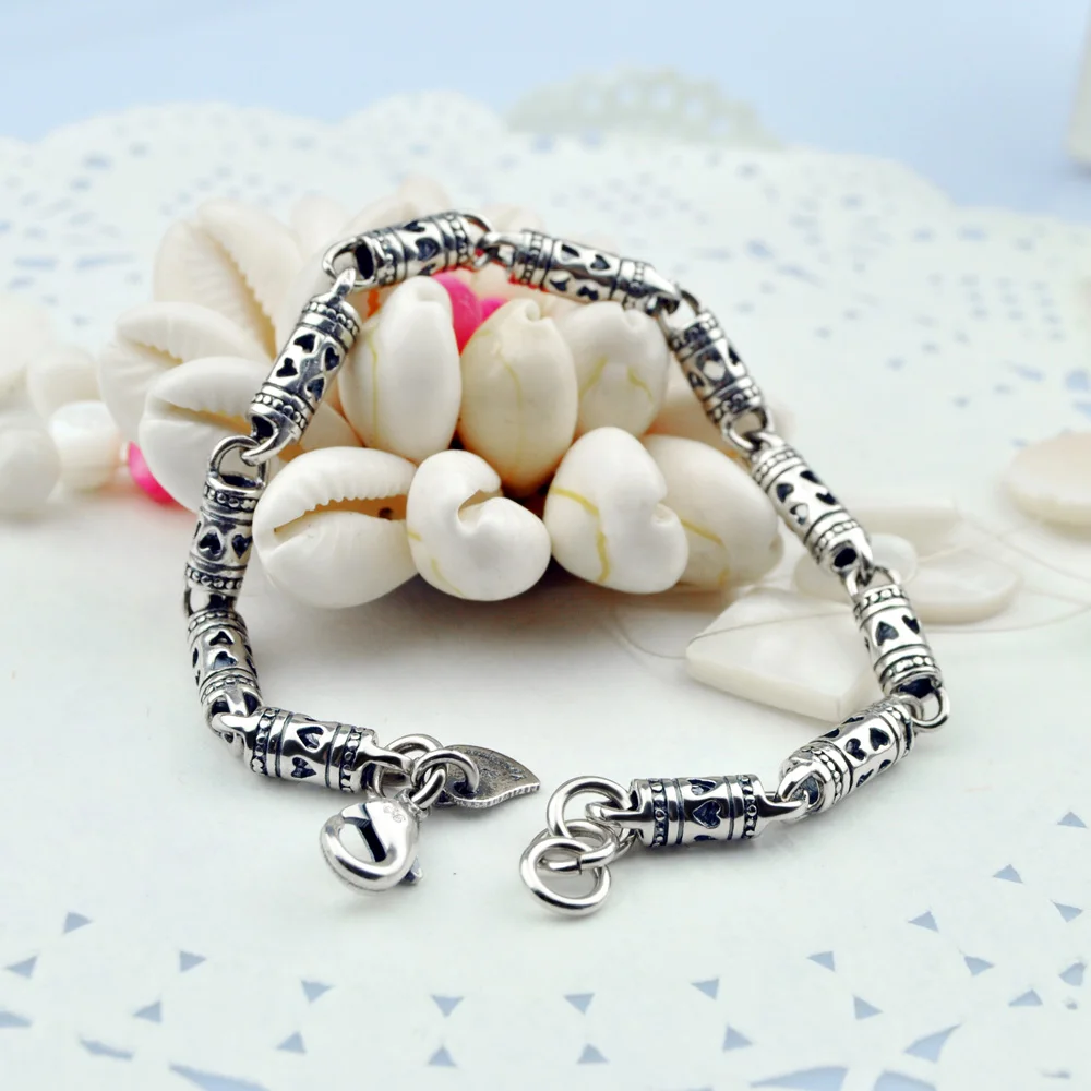 Vintage Fashion 925 Sterling Silver Round Cylindrical Chain Men Bracelets. Hollow Cylinder Bamboo Bracelets Siver Jewelry