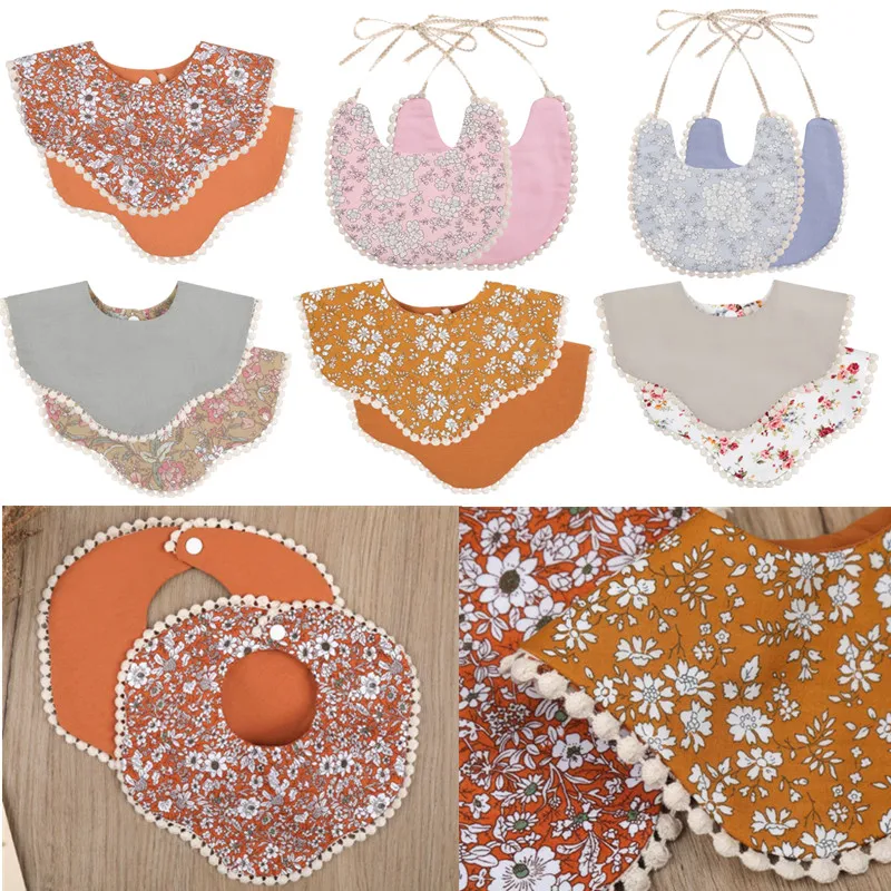 Fashion Double Sided Baby Bibs Floral Print Linen Cotton Waterproof Baby Bibs Tassel Saliva Towel Burp Cloths Bibs For Children