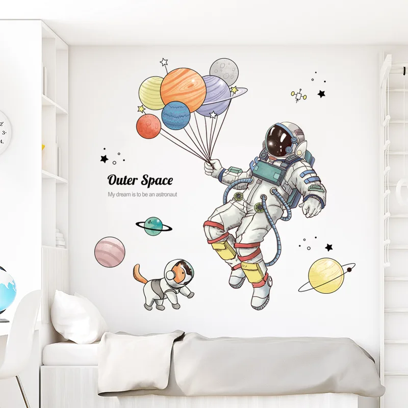 Cartoon Outer Space Astronaut Wall Sticker for Kids rooms Nursery Removable Wall Decor Vinyl Balloon Sticker Decals Home Decor