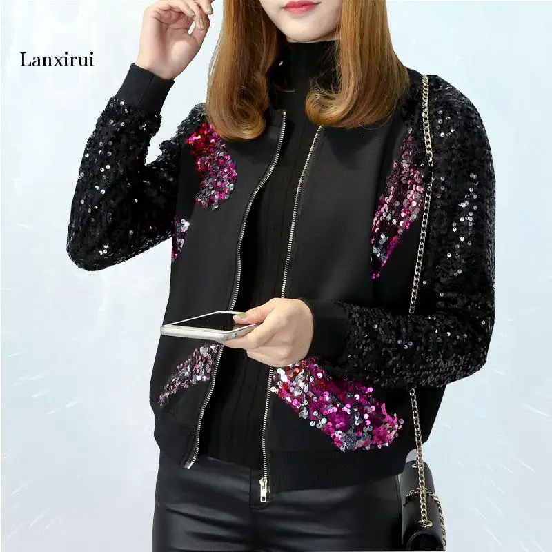 

Fashion Embroidered Sequins Bomber Jacket New Spring Autumn Jacket Women Loose Stitching Basic Outwear