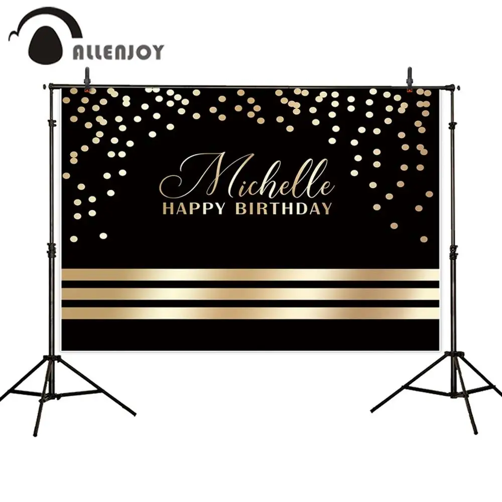 

Allenjoy happy birthday background polka dots black golden stripes customized adults children party decoration photo backdrop