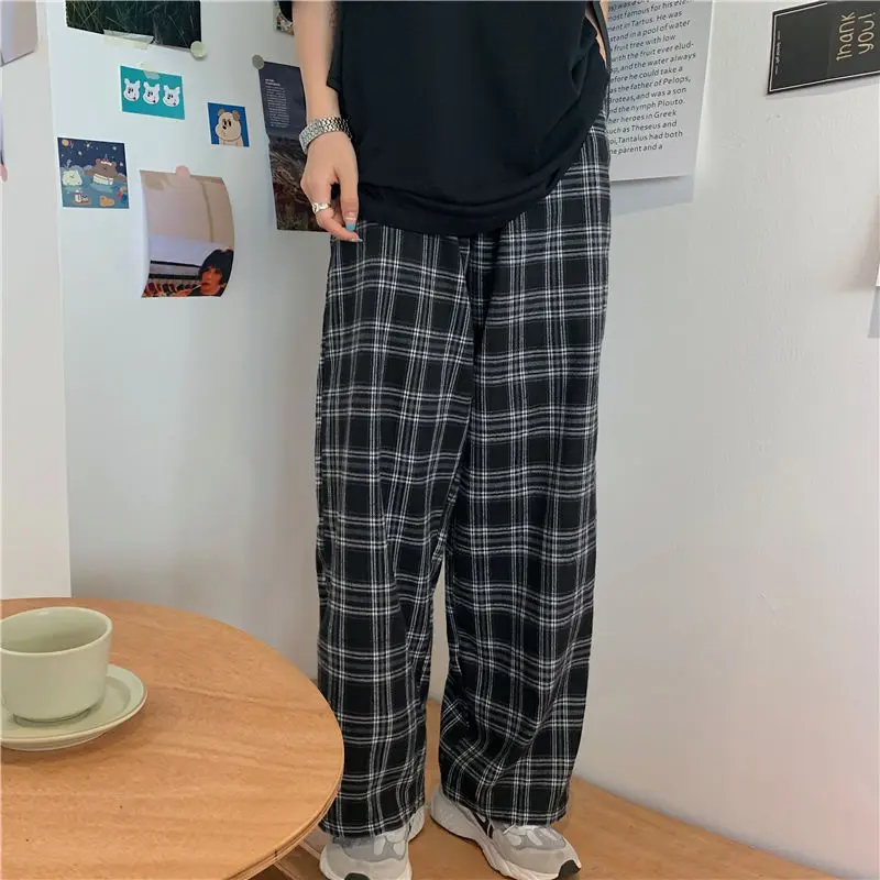 

Plaid Pants Women Casual Chic 3XL Loose Wide Leg Trousers Ins Retro Teens Harajuku Hip-hop All-match Unisex Streetwear