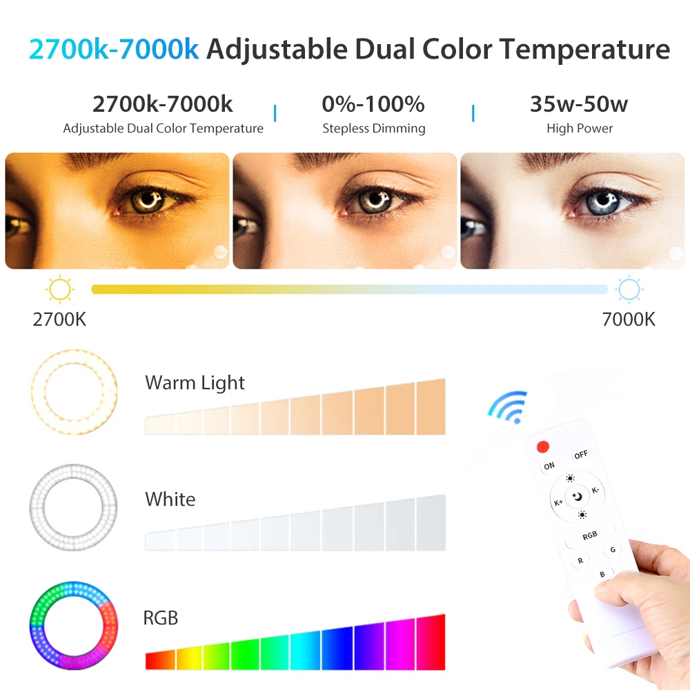 18นิ้ว45ซม.LED RGB แหวนไฟที่มีสีสันการถ่ายภาพแสง190มม.150มม.ขาตั้งกล้องสำหรับถ่ายภาพสตูดิโอ Youtube แต่งหน้าเกมส์ยิง