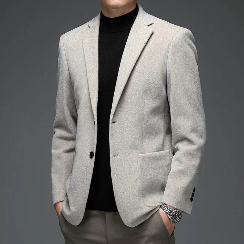 Autumn Winter Men Imitated Mink Wool Blazers Beige Black Smart Casual Suit Jacket Male Notched Collar Straight Business Outfits