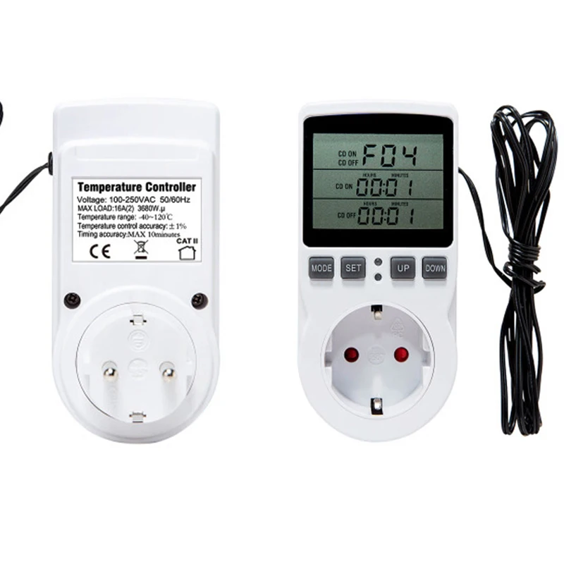 Controlador de temperatura Digital con termostato, enchufe de salida con temporizador, interruptor, Sensor, sonda, calefacción y refrigeración, 16A