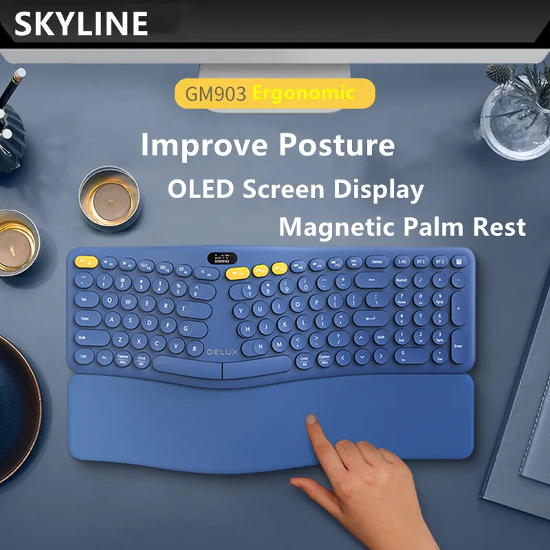 SKYLINE GM903 Ergonomic Keyboard Wireless Three-mode Rechargeable With Screen Display Office Mute Arc Palm Rest External Desktop