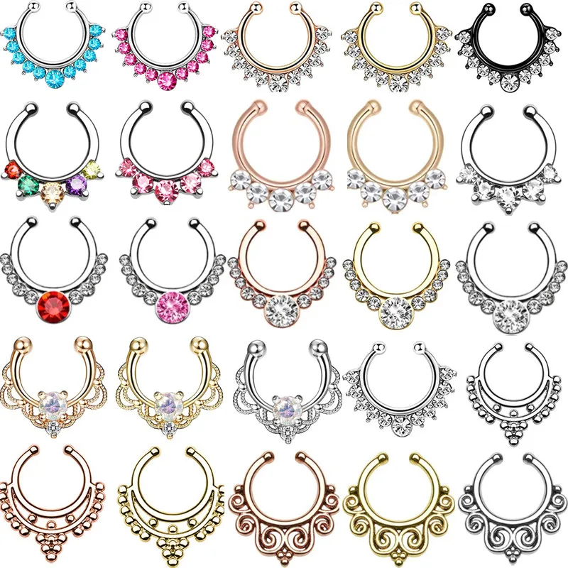 Anel de nariz falso de cristal, Clip On Anel Segmento Falso, Faux Nose Ring, Bulk Cheater, 1 Pc, 2 Pcs