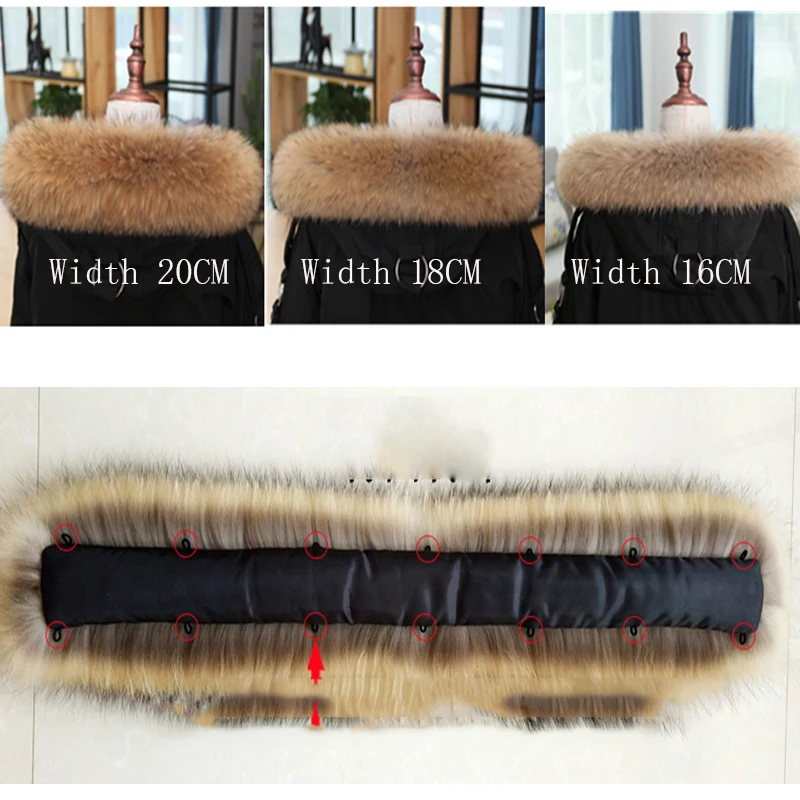 100% Real Fur Collar For Parkas Coats luxury Warm Natural Raccoon Scarf Women Large Fur Scarves Male Down jacket fur hat 75 70cm