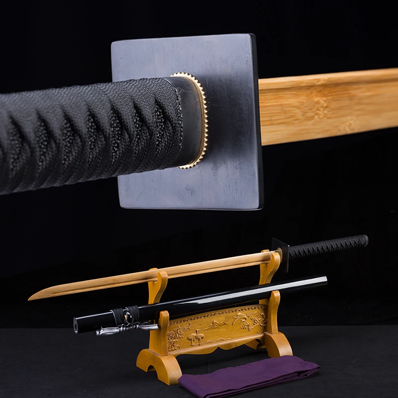 

Wooden Japanese Straight Katana Black Color Bamboo Blade Iaido Props Sword Training Swords No Edge Iron Tsuba