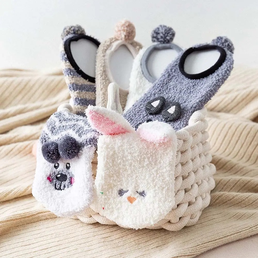 Cute Coral Fleece Floor Socks Cartoon Animal Women Winter Warm Boat Socks Silicone Home Non-slip Short Socks Female