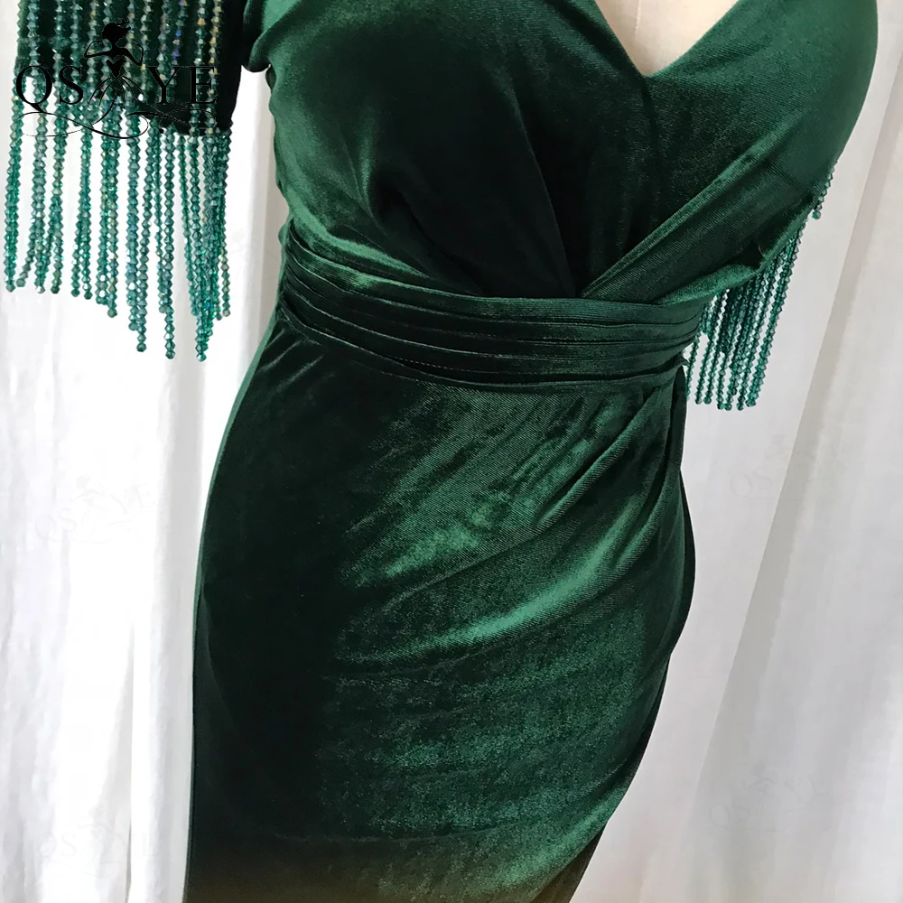 Green Velvet Evening Dresses Sheath Beadings Prom Party Gown Split Sexy Sweetheart Neck Dropping Beads Women Emerald Formal Gown