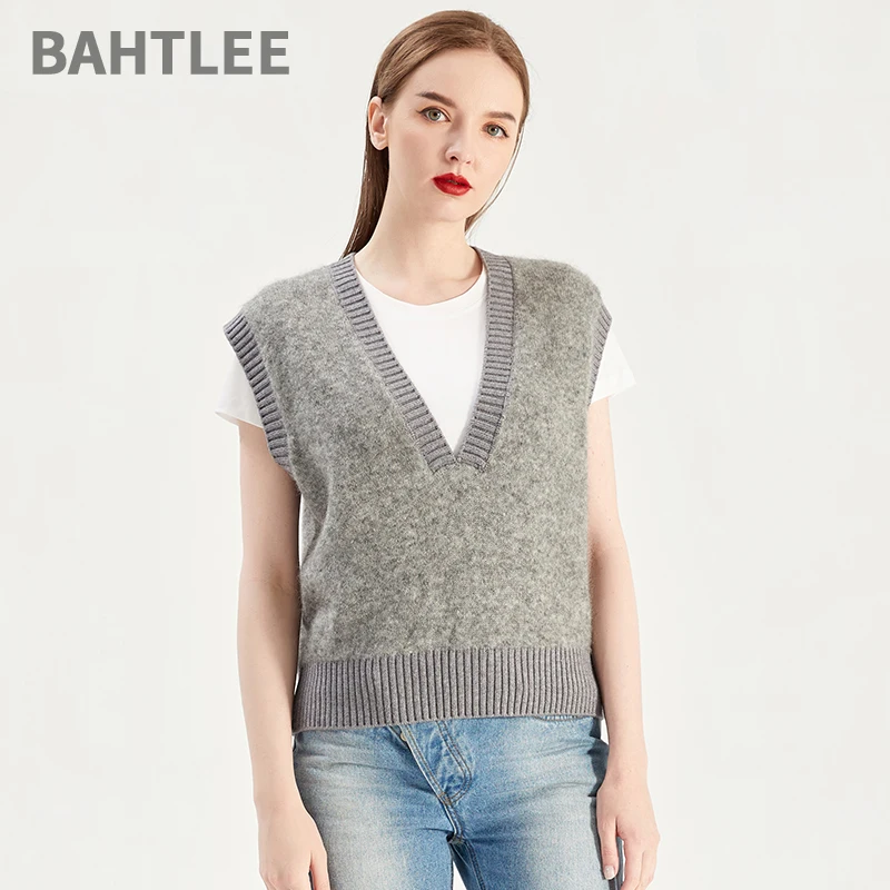 

BAHTLEE-Women's Mohair Sleeveless V-Neck Pullovers Vest, Pure Color Wool Sweater, Knitted Split Jumper, Autumn, Spring