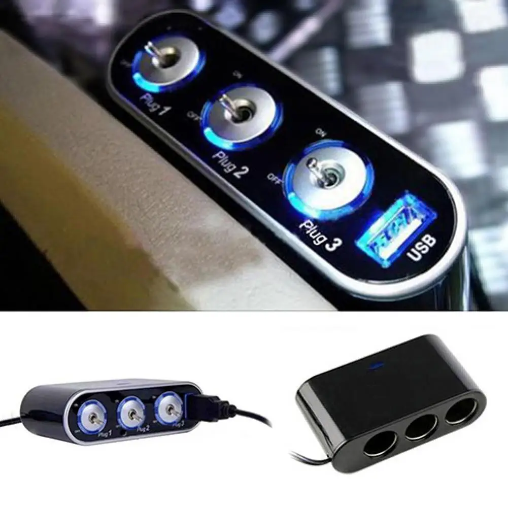 3 Way Car Cigarettes Lighter Triple Socket Splitter USB Charger with LED Light Car Charger Car Electronics