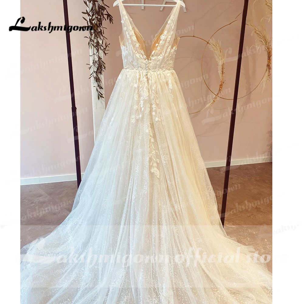 Lakshmigown champagne v pescoço rendas apliques vestido de casamento 2023 com tule brilhante vestidos jardim a linha vestidos de noiva sem costas