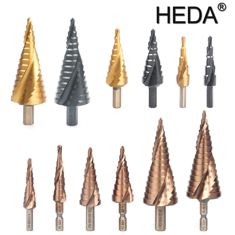 5/9/15steps 4-32mm High Speed Steel Spiral Grooved Metal Conical Drill Bit HSS Step Cone Cutter Tools Titanium Coated Metal Bit