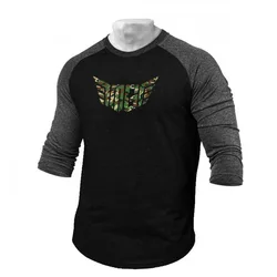 Camiseta estampada de roupas esportivas casual masculina, pulôver com gola O, confortável ajuste fino, manga 3/4, corrida, moda outono