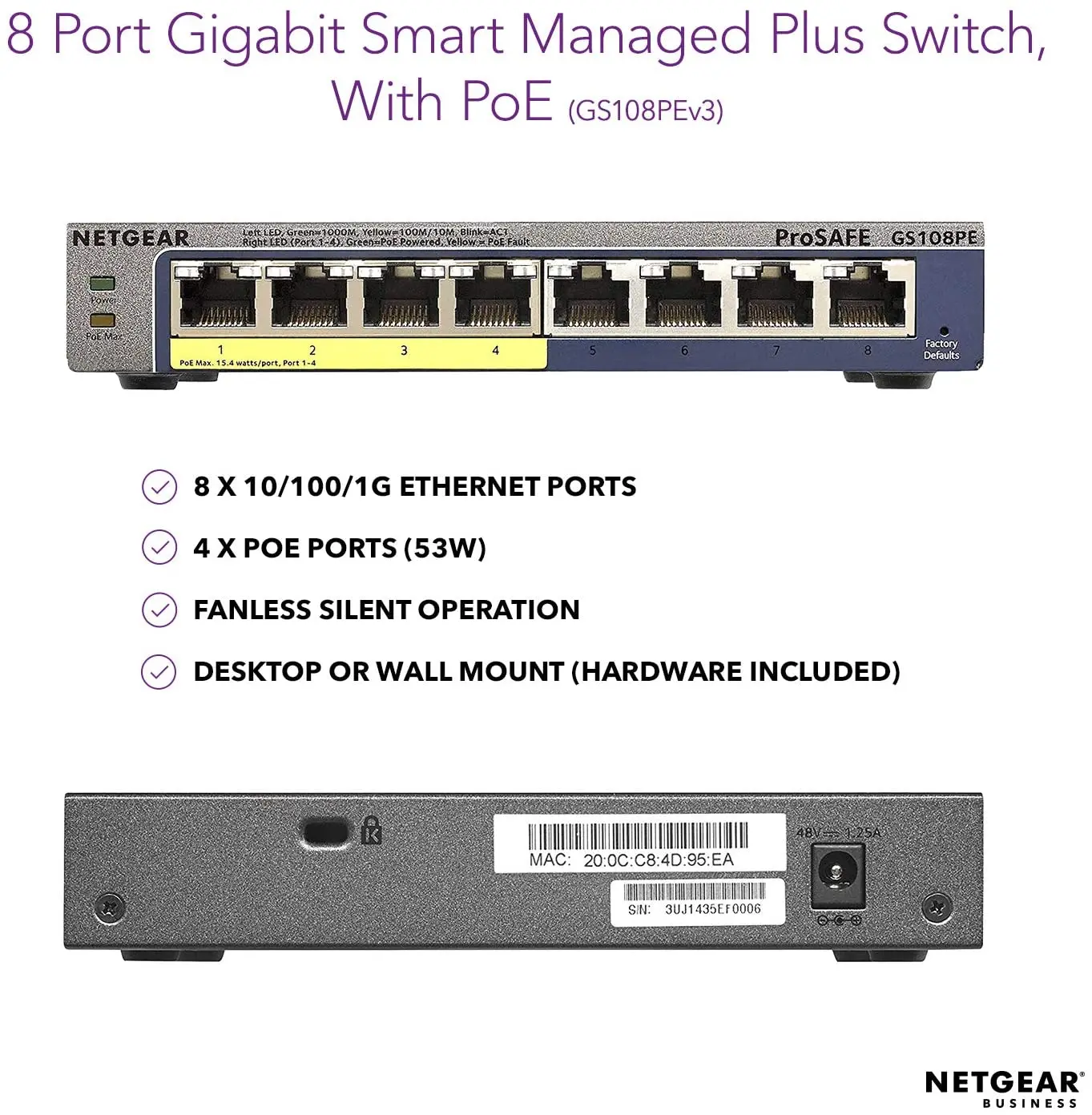 NETGEAR GS108PE 8-Port Gigabit Ethernet Smart Managed Plus PoE Switch With 4 x PoE 53W, And ProSAFE Limited Lifetime Protection