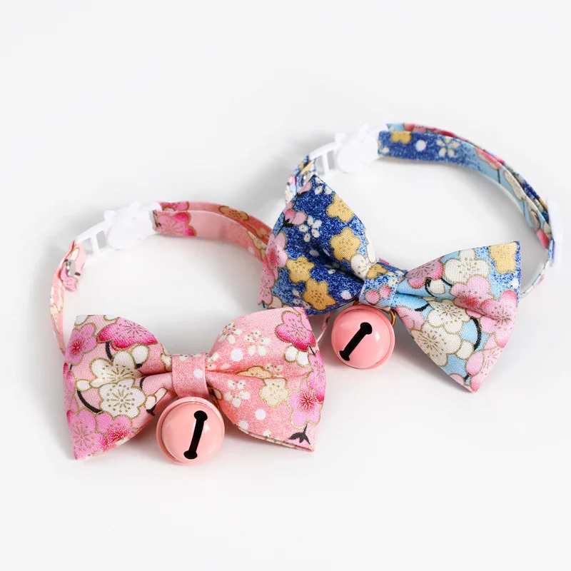 Japanese Style Cats Collar with Bell Cherry Blossoms Pattern Kitten Necklace Safe Breakaway Clasp Pets Chihuahua Rabbits Collars