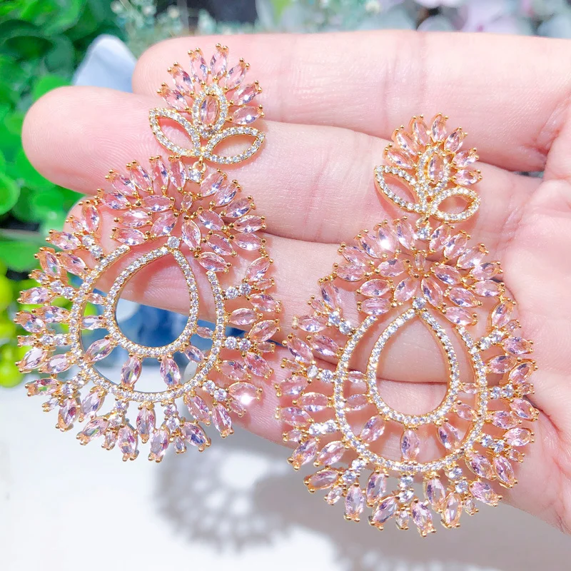 CWWZircons Shiny Light Pink Big Long Drop Engagement Wedding Earring for Women Fashion Brand Brazilian Gold Plated Jewelry CZ646