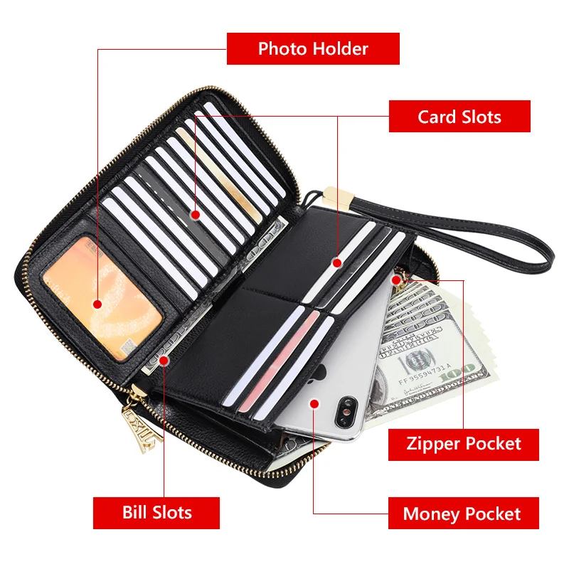 FOXER Dompet Panjang Wanita Dompet Besar Kulit Asli Wanita Dompet Ponsel Tempat Kartu Tempat Paspor