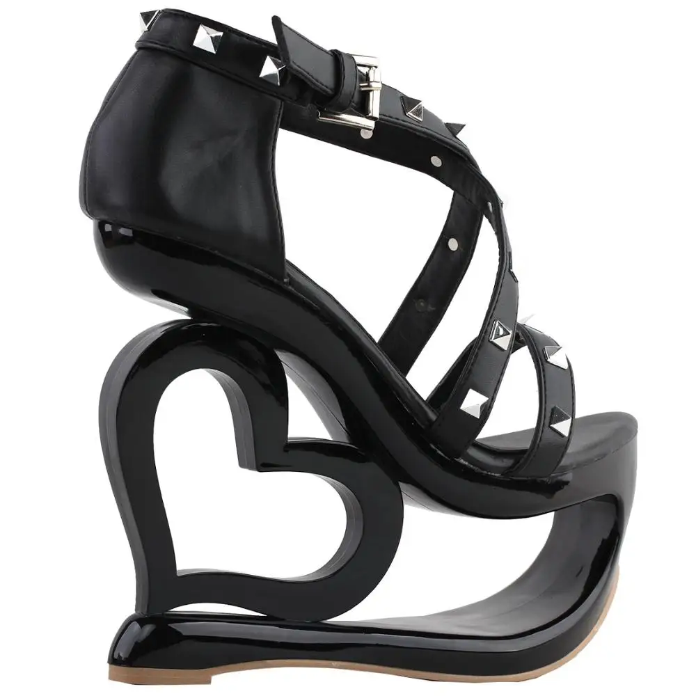 LF40221 SHOW STORY Retro Black Strappy Studs Heart Heel Wedge Evening Platform Sandals