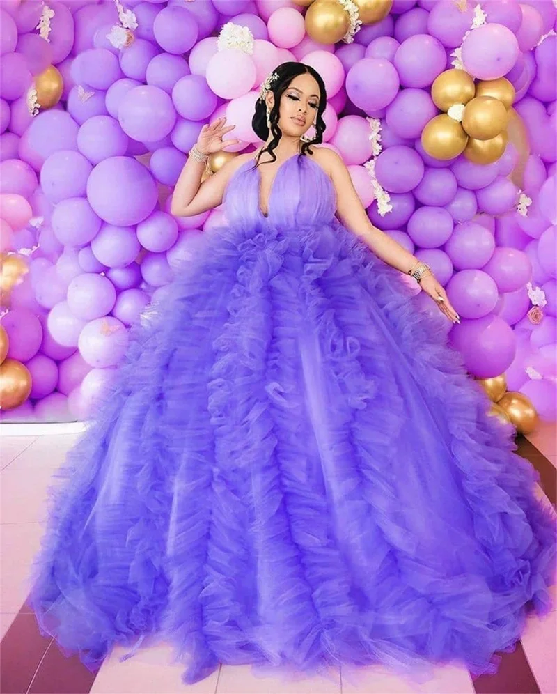 Ball Gown Purple Pregnant Women Robe Photography Sleepwear Custom Made Halter Puffy Tulle Maternity Photoshoot Bathrobe