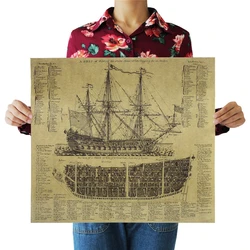 Classic Vintage Great Maritime Era Ancient Warship Design Drawings Poster Bar Home Decor Retro Kraft Paper Wall Sticker 51x46cm