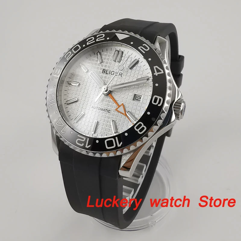 Bliger 41mm luxury GMT watch white dial saphire glass；Rubber strap spin bezel GMT Automatic movement mens watches