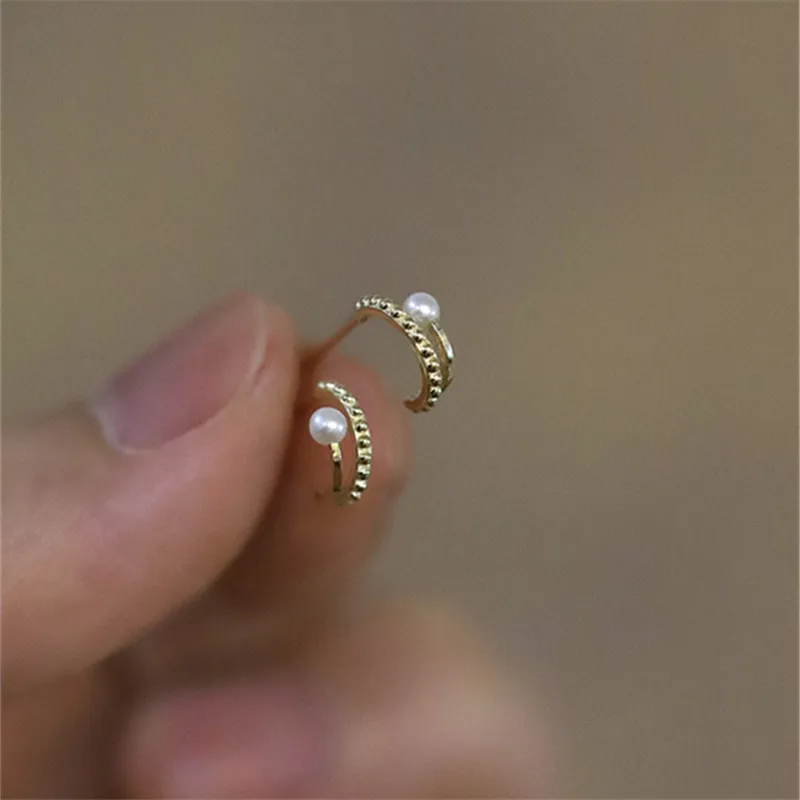 925 Sterling Silver Korea Simple Double Half Circle Small Pearl Stud Earrings Women 14k Gold Plating Jewelry Gift