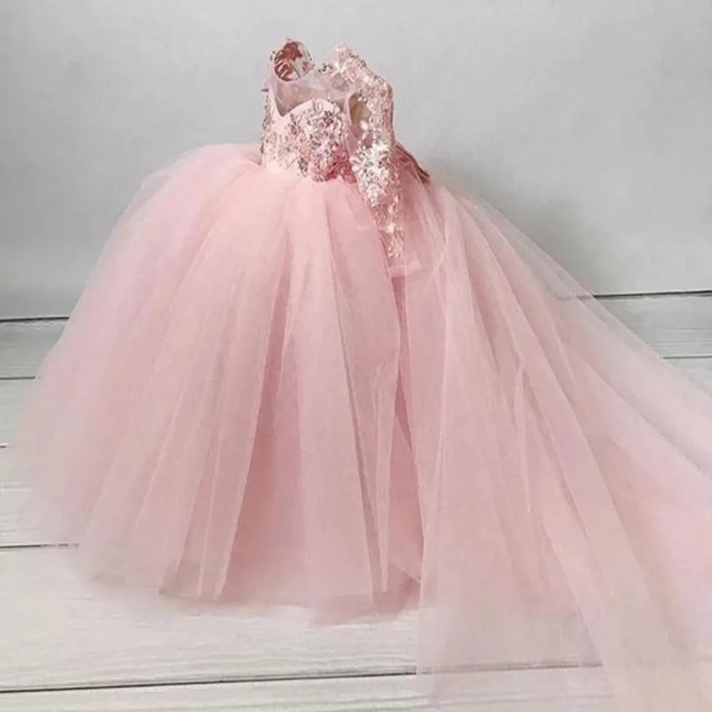 

Blush Pink Lace Flower Girl Dresses Ball Gown Sheer Neck Beaded Long Sleeves Lilttle Kids Birthday Pageant Weddding Gowns