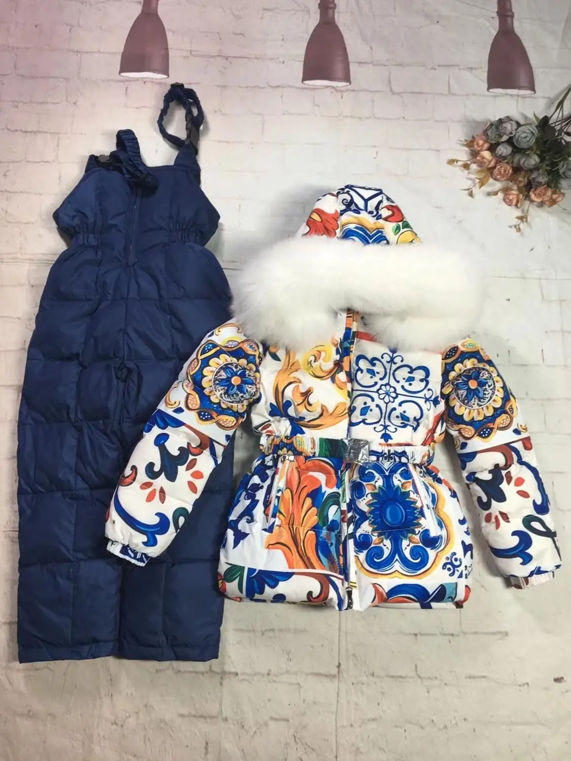 

80-145cm 2021 Winter Jacket Children down jackets & PANT duck down Fur hooded flower girl snowsuit boy set outerwear ski suit