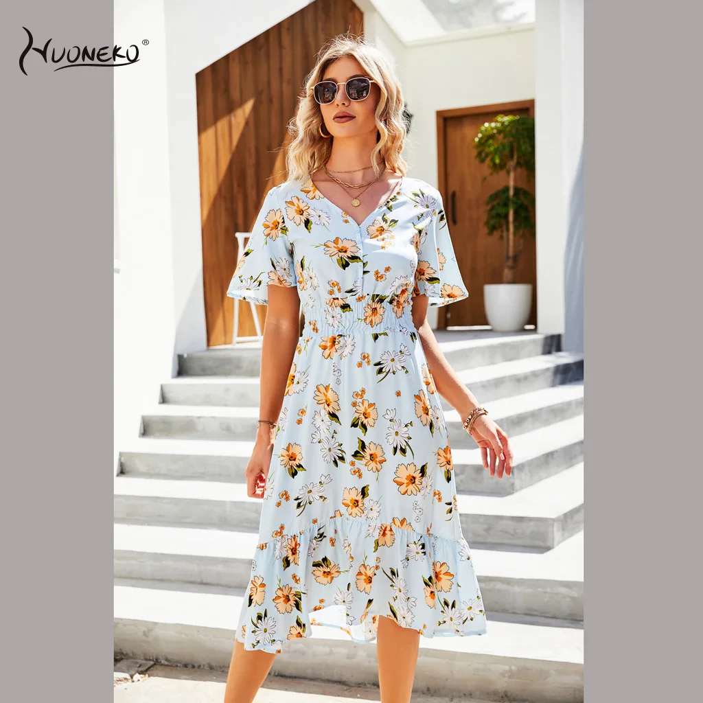 Frauen Chiffon Kleid 2021 V-ausschnitt Sommer Boho Blumen Druck Strand Kleid Mode Kurzarm A-linie Party Kleid Sommerkleid WDR30