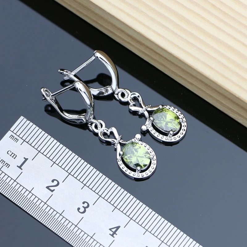 Women 925 Sterling Jewelry Sets Olive Green Topaz Long Earrings Bracelet Necklace Sets Wedding Anniversary Party Gift for Her