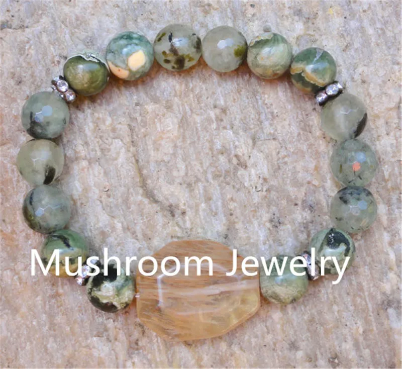 prehnite Stone Bead and citrine Crystal Nugget Bracelet