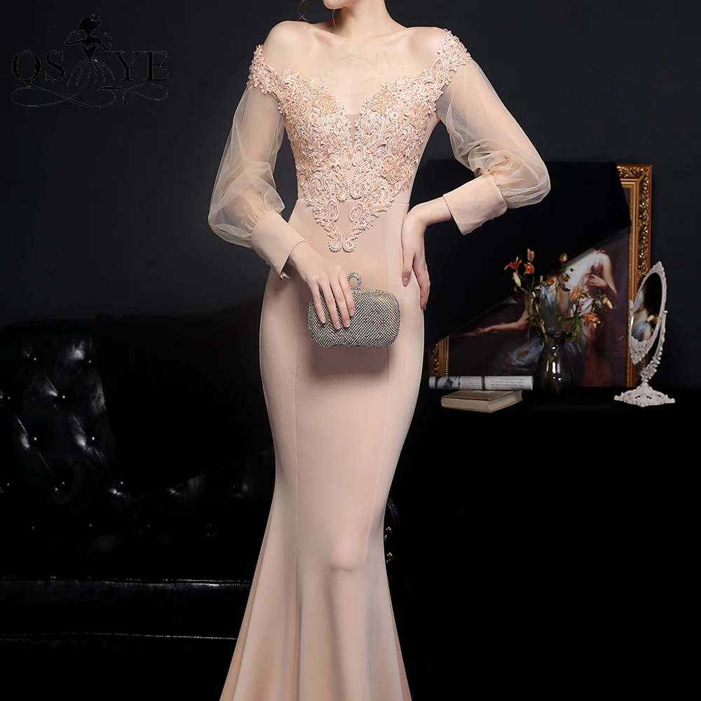 Robe de soirée de forme sirène, tenue de soirée, Champagne, manches longues, épaules dénudées, col en V, perles, dentelle, dos nu