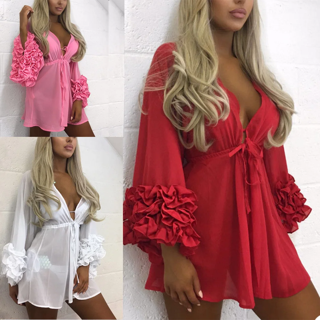 

Sexy Short Women Nightrobes Tulle Long Sleeve Pajamas Bathrobe with Belt Photo Shoot Dress Party Evening Nightgowns