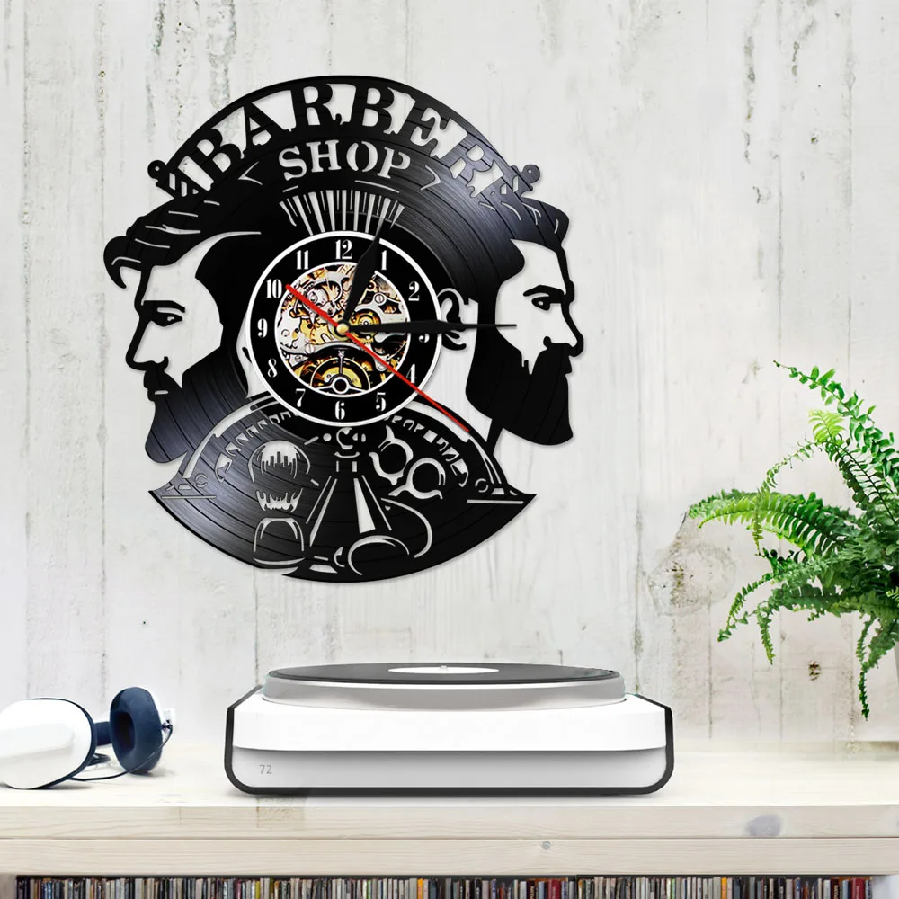 Barber Shop Decorative Vinyl Record Wall Clock Hairstyle Salon Wall Art Sign Decor Silent Quartz Clock Watch Hairdresser Gift
