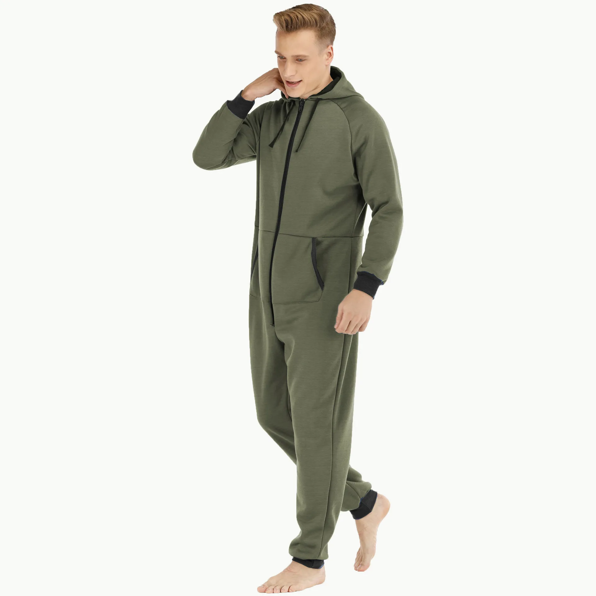 Pyjama à capuche pour homme adulte, combinaison chaude, duveteuse, vêtements de nuit, salon, une pièce, automne