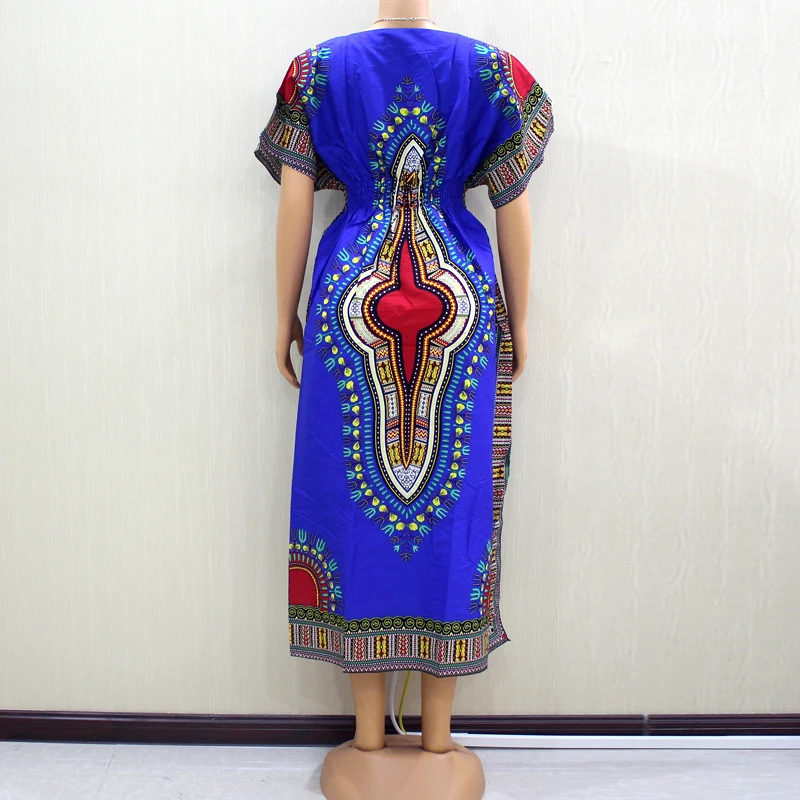 Dashikiage Fashion Autumn Dashiki Pattern Printed Blue 100% Cotton Short Sleeve African Dresses For Women